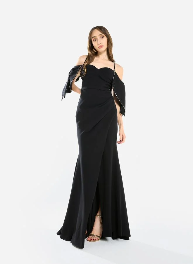 House of Moda Women Pearl Trim Mermaid Hem Maxi Dress